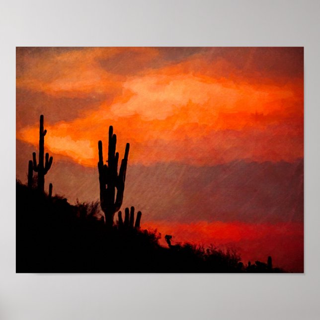 Saguaro Cactus Silhouette Arizona Red Sunset Poster (Front)