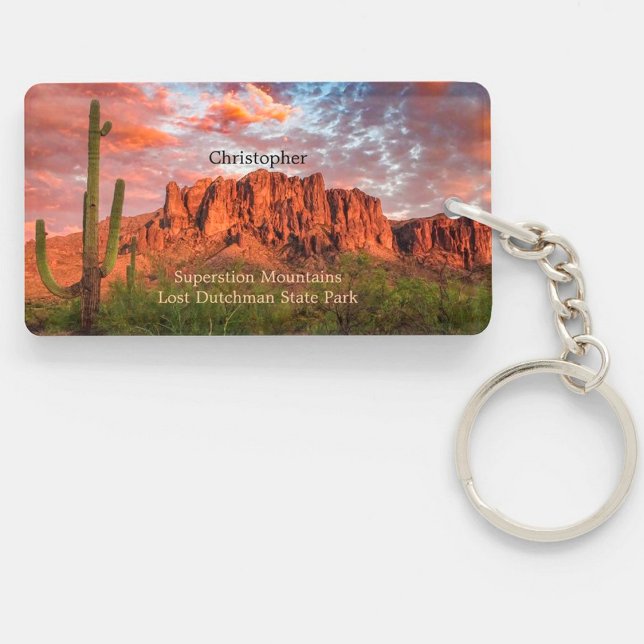 Saguaro Cactus Superstition Mountain Sunset Clouds Keychain (Creator Uploaded)