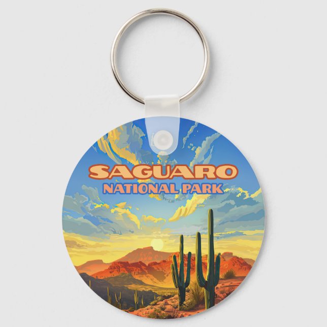 Saguaro National Park Arizona Desert Cactus Retro Keychain (Front)