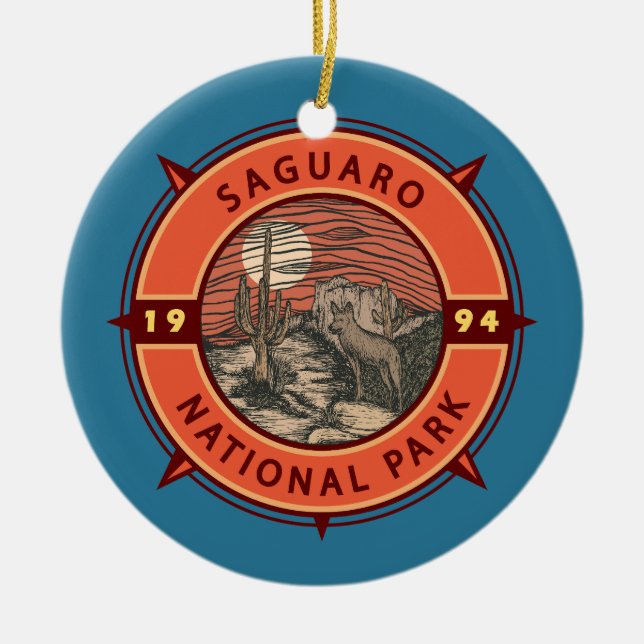 Saguaro National Park Coyote Retro Compass Emblem Ceramic Ornament (Front)