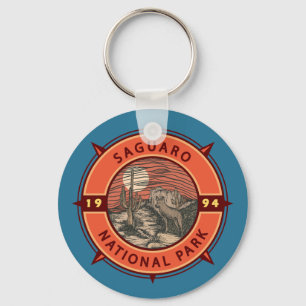 Saguaro National Park Coyote Retro Compass Emblem Keychain