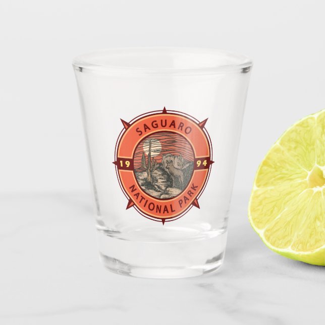 Saguaro National Park Coyote Retro Compass Emblem Shot Glass (Front)