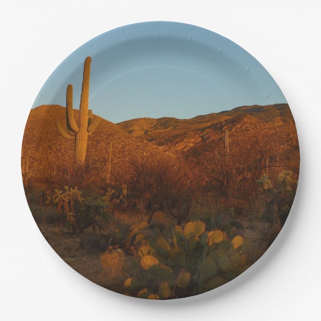 Saguaro Sunset I Arizona Desert Landscape Paper Plate (Front)