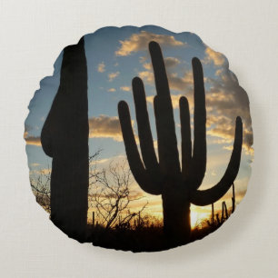 Saguaro Sunset II Arizona Desert Landscape Round Pillow