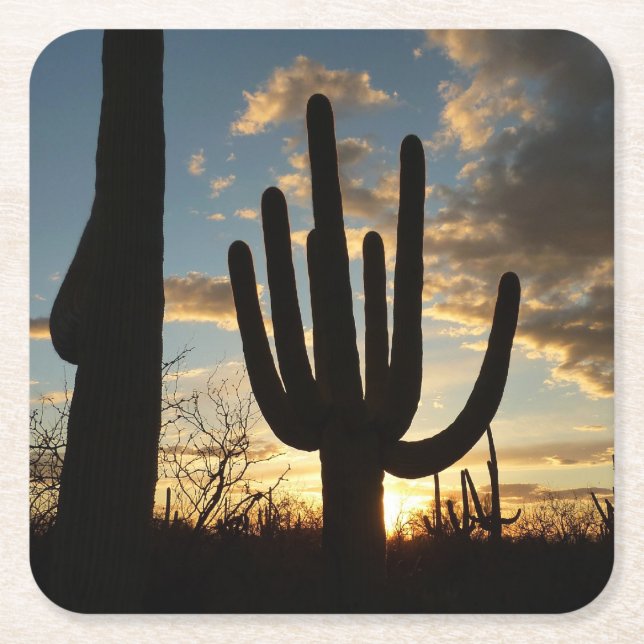 Saguaro Sunset II Arizona Desert Landscape Square Paper Coaster (Front)