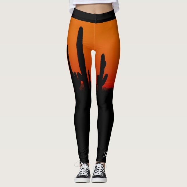 Saguaro Sunset Orange and Black, Personalized Name Leggings (Front)