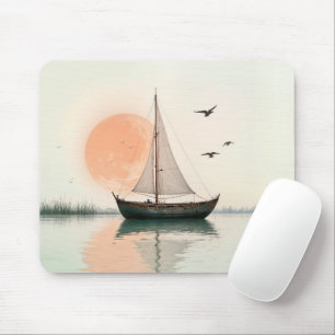 Saiboat Sunset With Seagulls Mouse Pad