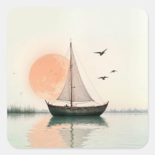 Saiboat Sunset With Seagulls Square Sticker
