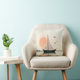 Saiboat Sunset With Seagulls Throw Pillow