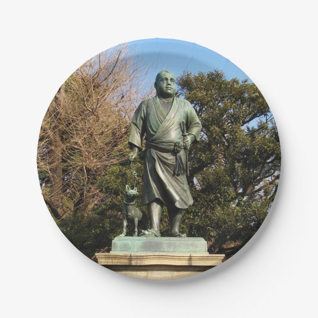 Saigo Takamori (The Last Samurai) & Dog Statue Paper Plate (Front)
