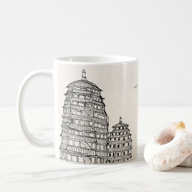 Saigon Pagoda Vietnam Cityscape Pen Ink Drawing Coffee Mug (With Donut)