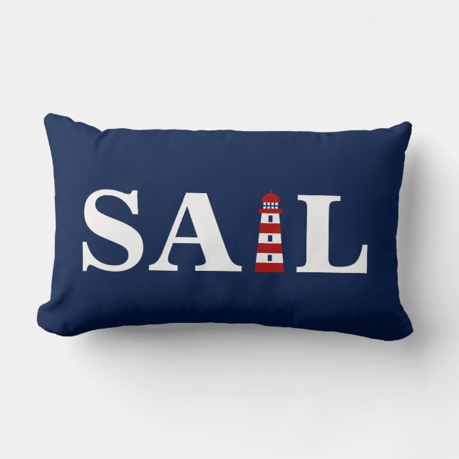 Sail and Lighthouse - Blue, White, Red - Nautical Lumbar Pillow (Front)