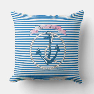 "Sail Away" Anchor, white Rope and blue Stripes Throw Pillow