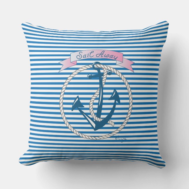 "Sail Away" Anchor, white Rope and blue Stripes Throw Pillow (Front)