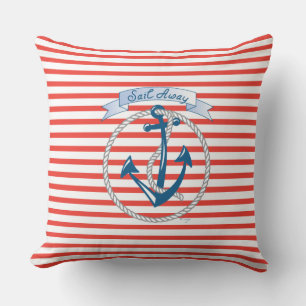 "Sail Away" Anchor, white Rope and red stripes Throw Pillow