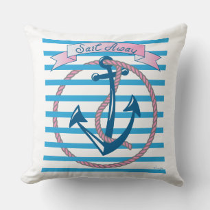 "Sail Away" Anchor with Pink Rope and blue stripes Throw Pillow