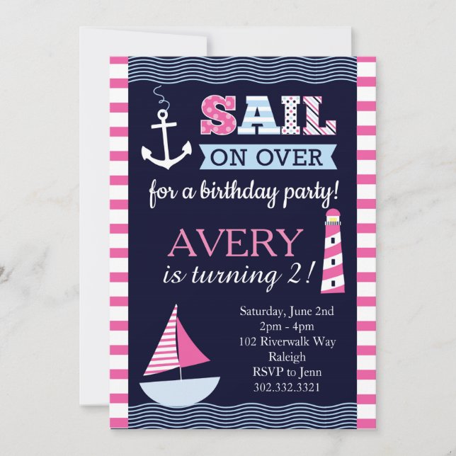 Sail Away Girl's Nautical Birthday Invitation (Front)