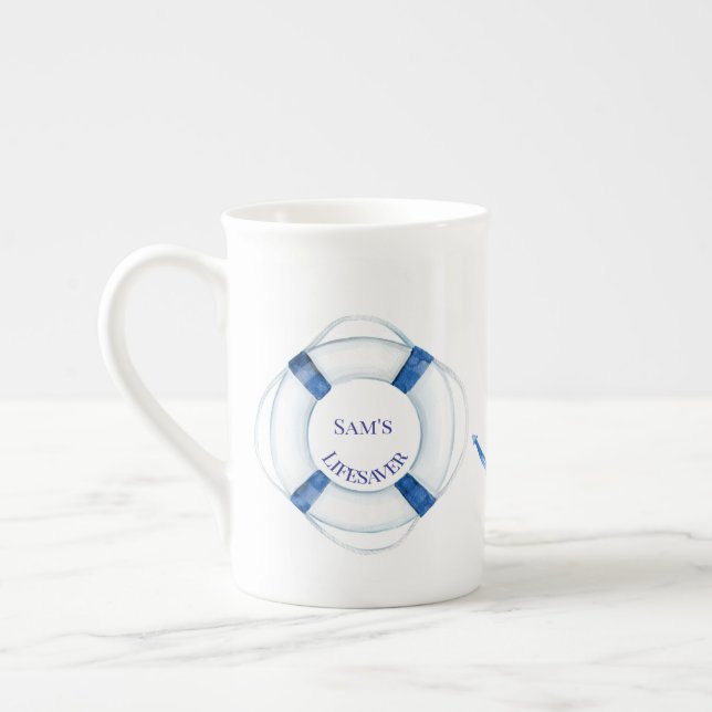 Sail Away Life Ring and Anchor Lifesaver Bone China Mug (Left)