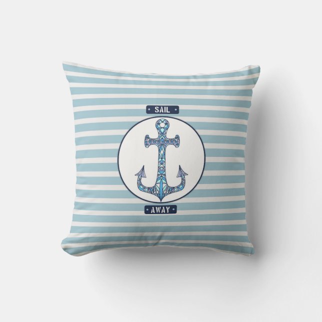 Sail Away Nautical Anchor – Coastal Blue Stripes Throw Pillow (Front)