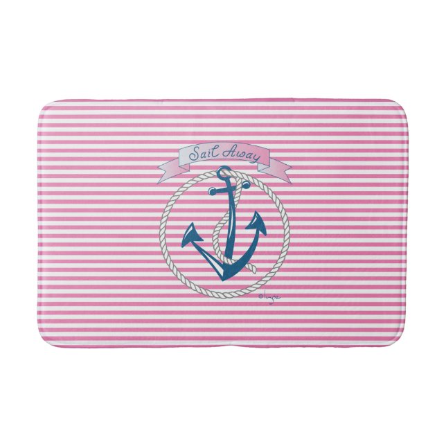 "Sail Away" Nautical Anchor, Rope, Stripes Bath Mat (Front)