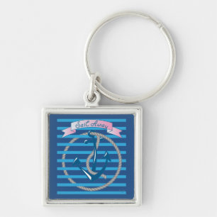 Sail Away Nautical Anchor with blue stripes Keychain