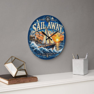 Sail Away Sail the Unknown Blue Nautical Large Clock