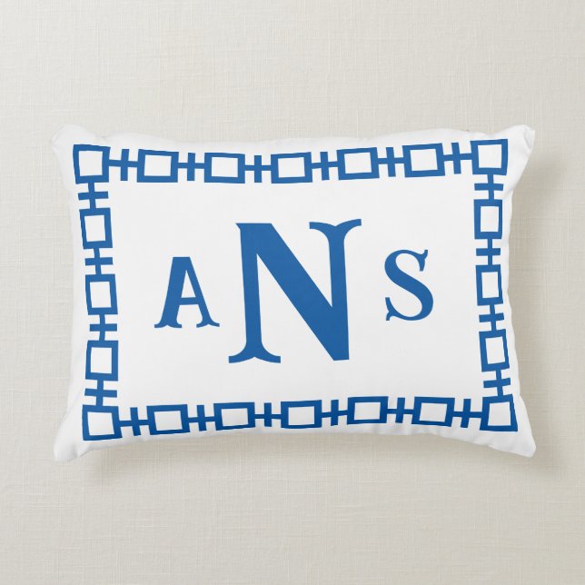 Sail Blue Square Greek Key Monogram Accent Pillow (Front)
