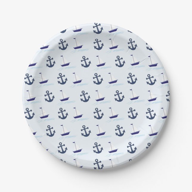 Sail Boat and Anchor Pattern Blue Paper Plate (Front)