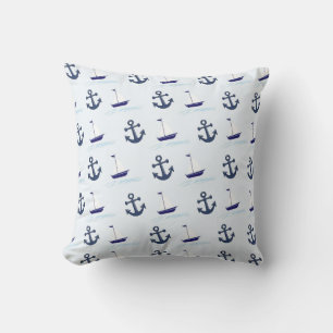 Sail Boat and Anchor Pattern Blue Throw Pillow