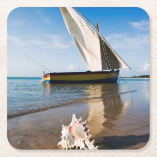 Sail Boat And Shell Mozambique, Benguerra Lodge Square Paper Coaster