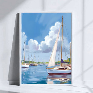 Sail Boat Bay   Coastal Watercolor Painting Poster
