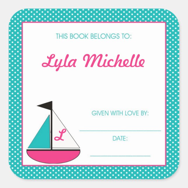 Sail boat Book Plate Monogram Turquoise Pink Girls Square Sticker (Front)