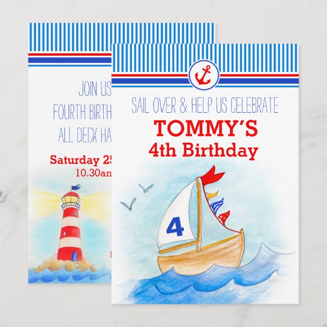 Sail boat nautical boys third 4th birthday invite (Front/Back)