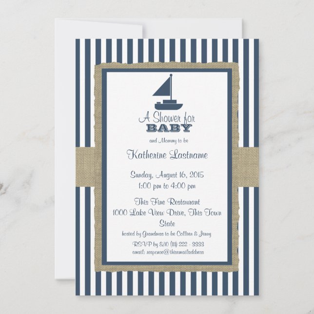 Sail Boat Navy Blue Stripes Baby Shower Invitation (Back)