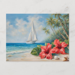 Sail Boat near Tropical Beach, Hibiscus Flowers Postcard
