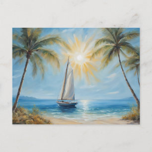 Sail Boat near Tropical Beach, Palm Trees Postcard