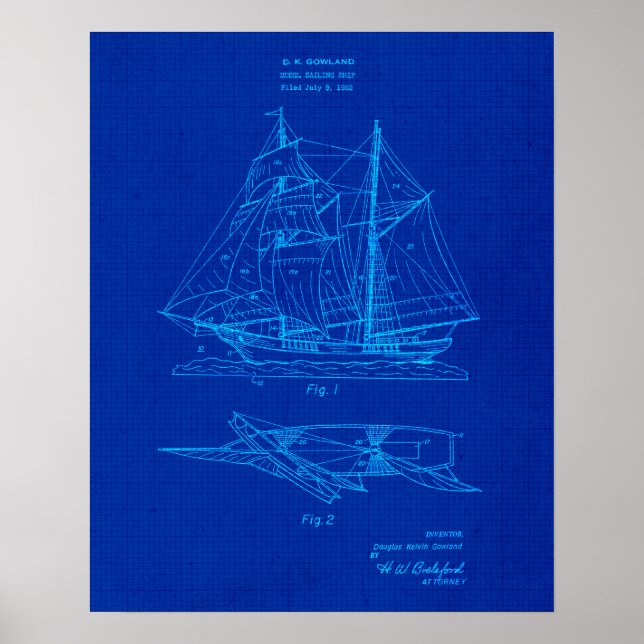 Sail Boat no. 2 Patent Blueprint Coastal Theme Art Poster (Front)