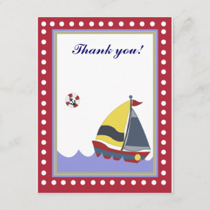 Sail Boat Red border Thank you note flat Card