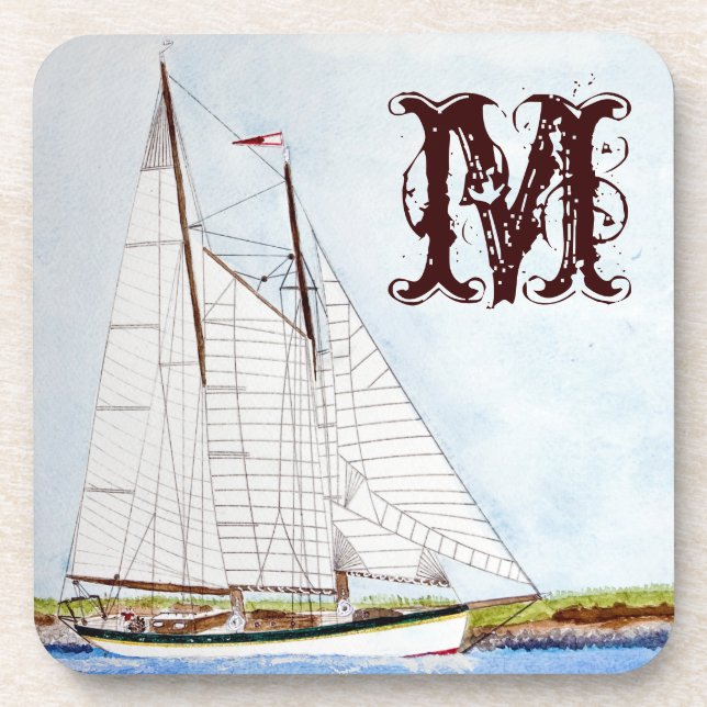 Sail Boat Sailing Ship Ocea Monogram Drink Coaster (Front)