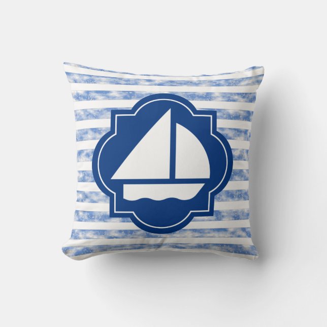 Sail Boat Silhouette With Nautical Blue Stripes Throw Pillow (Front)