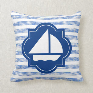 Sail Boat Silhouette With Nautical Blue Stripes Throw Pillow