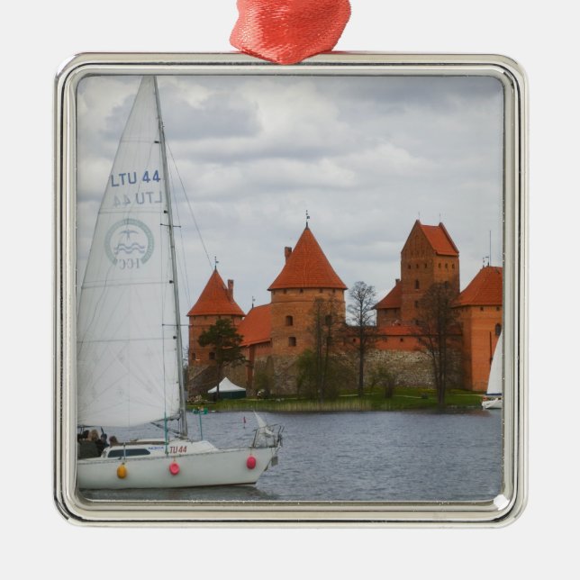 Sail boat with Island Castle by Lake Galve, Metal Ornament (Front)