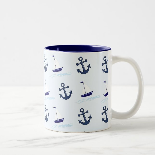 Sail Boats and Anchors Pattern Blue Two-Tone Coffee Mug (Right)