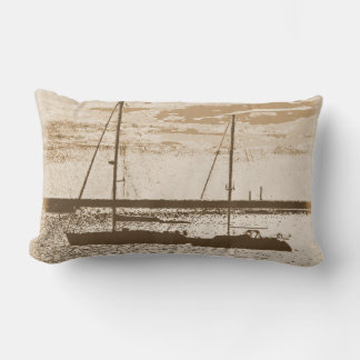 Sail boats on shore at dusk lumbar pillow