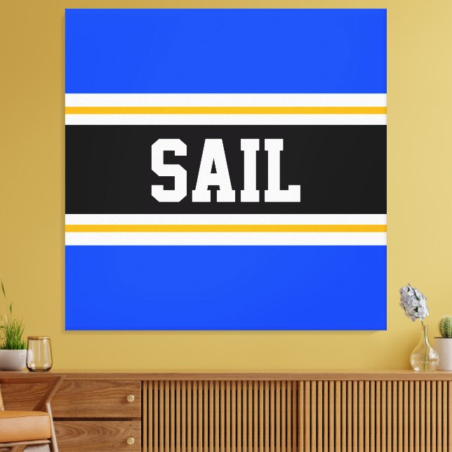 SAIL Bright Blue Black White Yellow Racing Stripes Canvas Print (Insitu(LivingRoom))