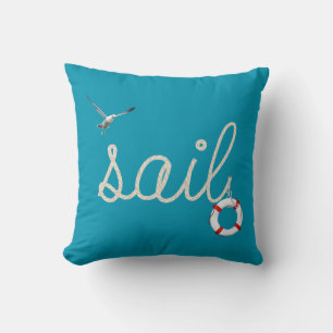 sail rope design and life ring on ocean blue colou throw pillow