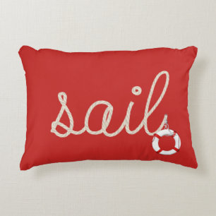 sail rope on red with life ring decorative pillow