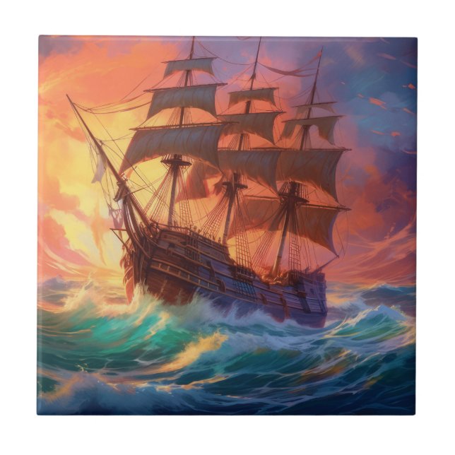 Sail Ship On A Stormy Sea Tile (Front)