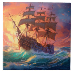 Sail Ship On A Stormy Sea Tile