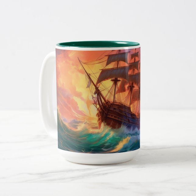 Sail Ship On A Stormy Sea Two-Tone Coffee Mug (Front Left)